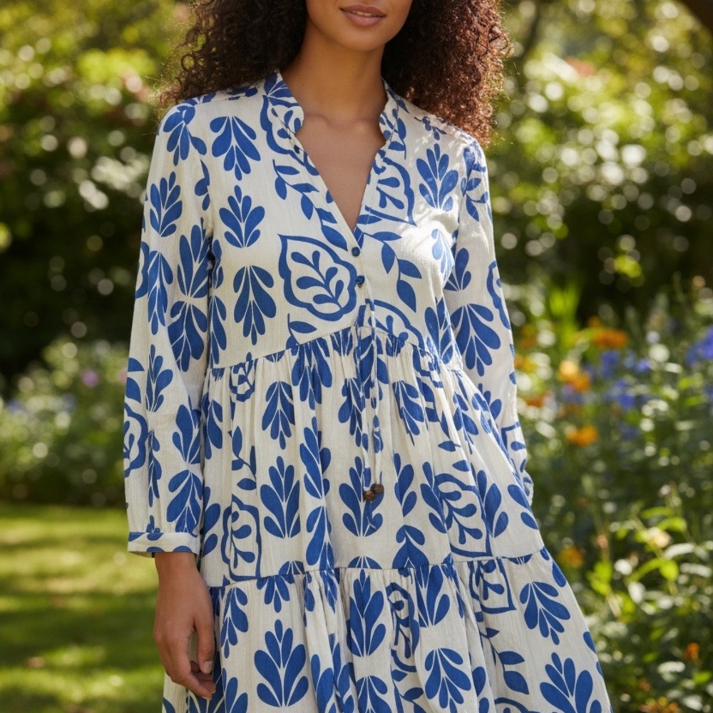 (NWT) JAPNA -  Blue and Cream Floral Long Sleeve Dress Size M